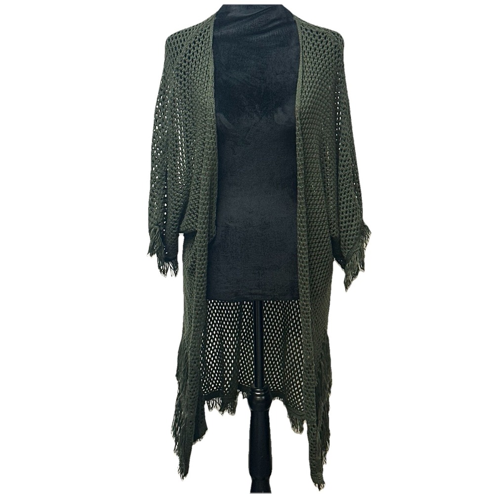 Women's M Long Line Cardigan Boho Duster Fringe Western Knit Festival Hippie